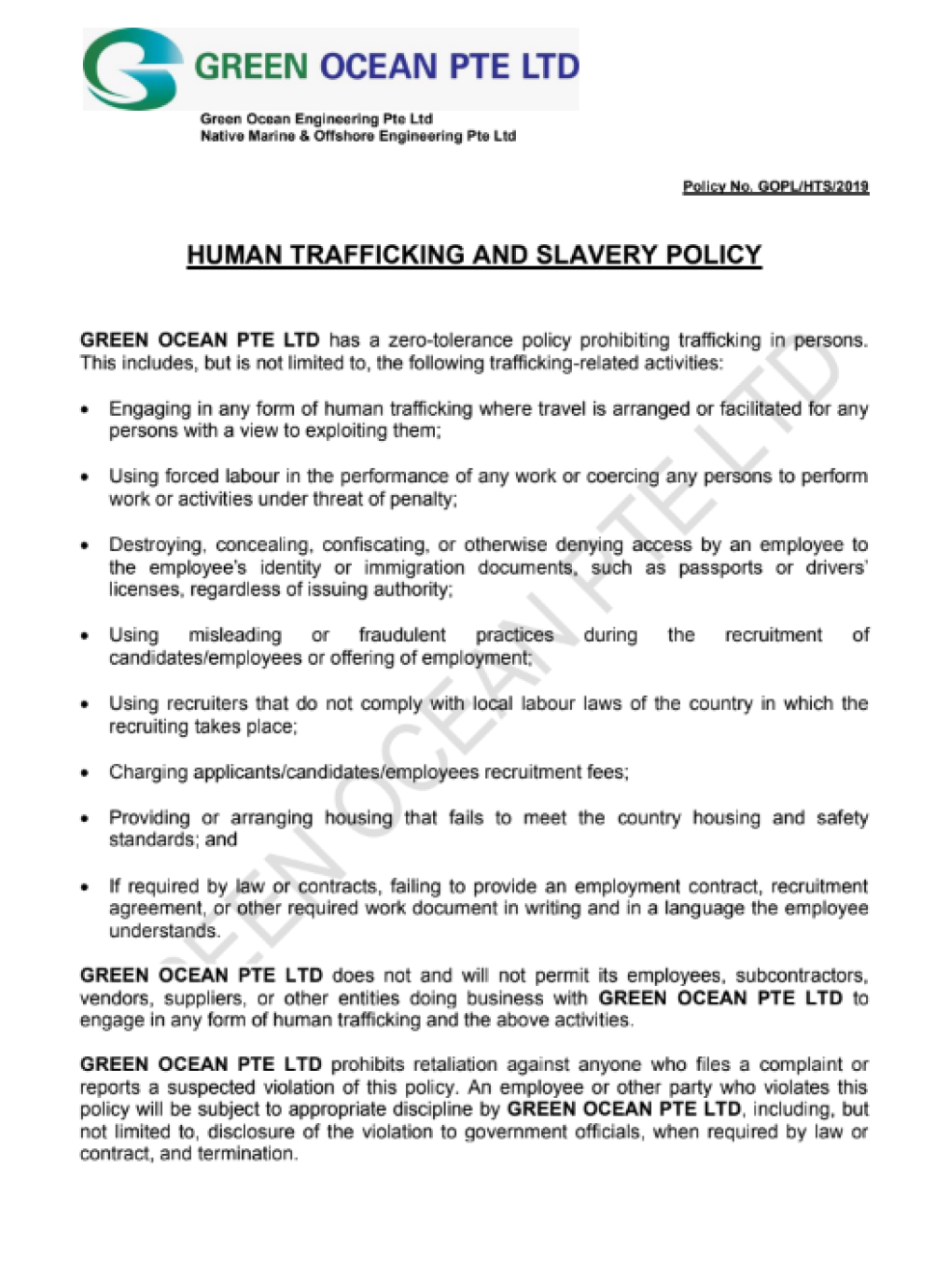 HUMAN TRAFFICKING AND SLAVERY POLICY